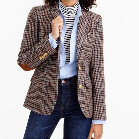 J.Crew Rhodes Blazer Jacket Wool Tweed Houndstooth Elbow Patches Brown Size 6 - Picture 8 of 9